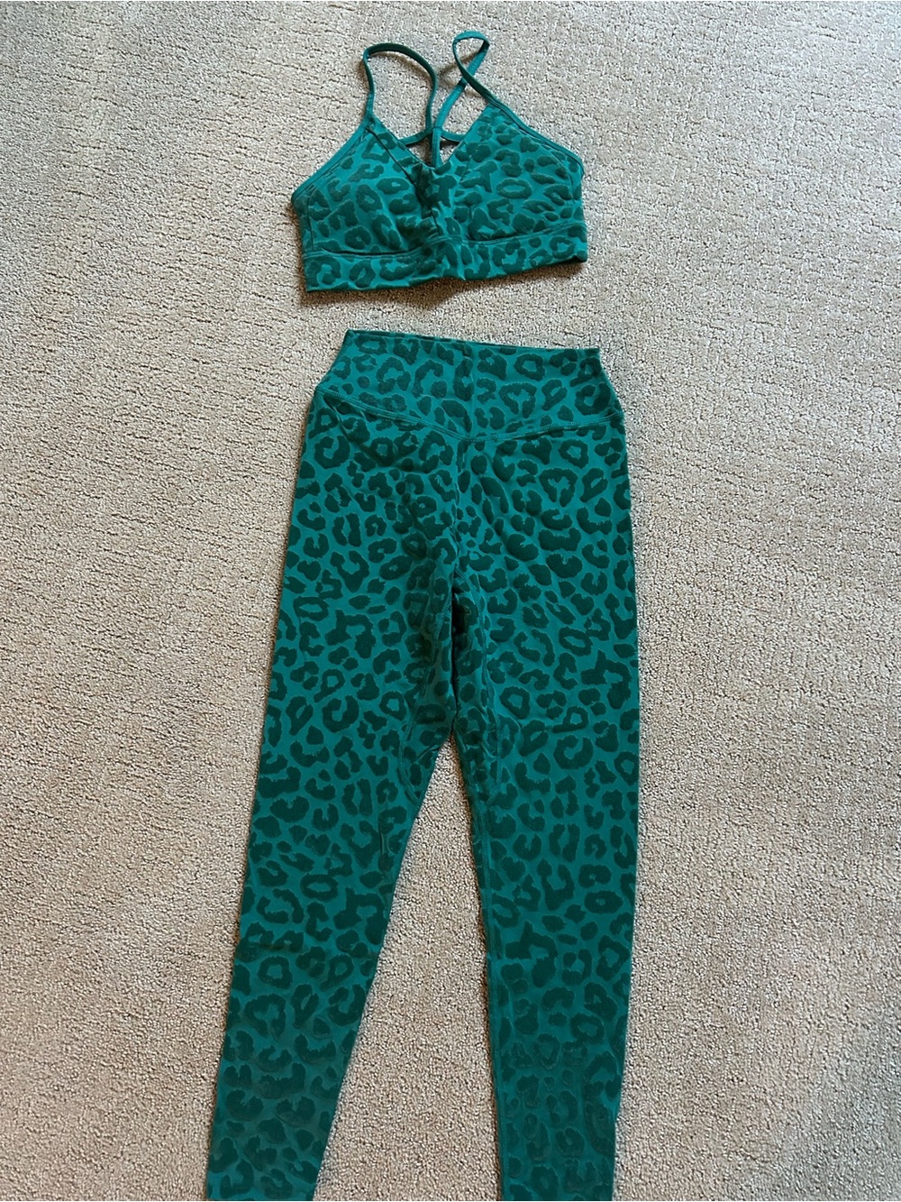 Balance Athletica Green Velvet Leopard  Print Leggings and Strappy Sports Bra